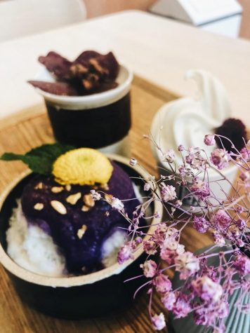 PURPLE DELIGHTS: A serving of bingsu, soft-serve ice cream, and ube chips at the Buena Park location of Cafe Bora, which specializes in South Korean purple sweet potato desserts. 