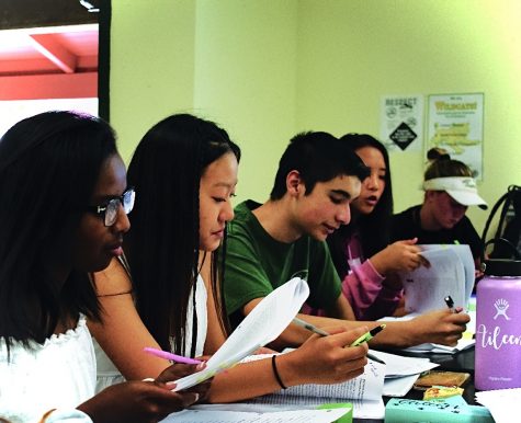 TRIAL TALK: Above, juniors Hana Hassan, Aileen Kim, and Mark Seymour; Elaine Ahn, sophomore; and Brylee Denbo, junior, work on a case and study their notes to prepare for their first competition of the year.