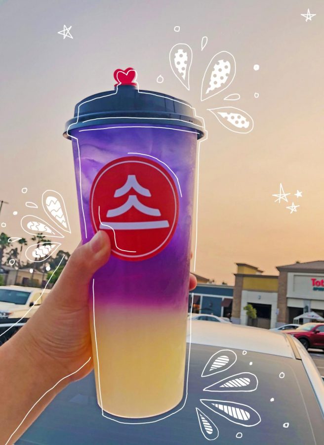 A colorful Yogurt Galaxy drink from new Brea location of the XLB Dumpling Bar chain, located in the Brea Plaza Shopping Center.