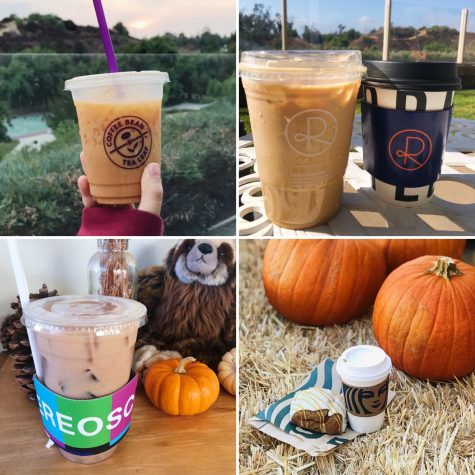 Clockwise from top left, an iced pumpkin chai spice latte from Coffee Bean and Tea Leaf; an iced pumpkin spice latte with oat milk from Reborn Coffee; a pumpkin spice latte from Starbucks; and chai milk tea from Stereoscope. 