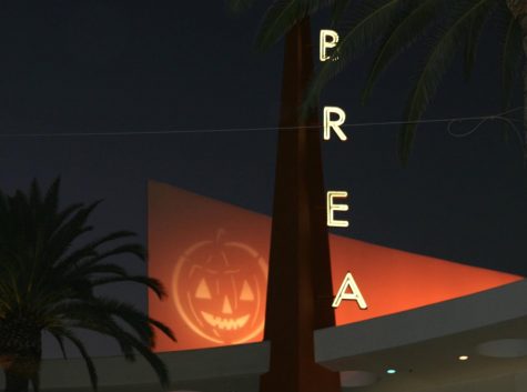 As Brea is getting ready for Halloween, a jack-o-lantern is projected on top of Sky Lounge in Downtown Brea. Although Brea has scaled back its city events, Halloween decorations abound throughout the city.