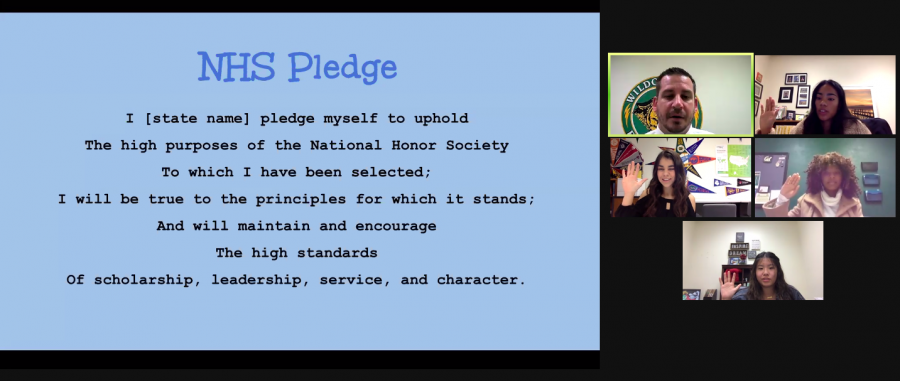 Dr. Joshua Porter, principal, and executive members of National Honor Society, say the NHS pledge to conclude the Nov. 11 induction ceremony. Due to COVID-19, the event was held virtually to introduce new NHS members and the executive board.