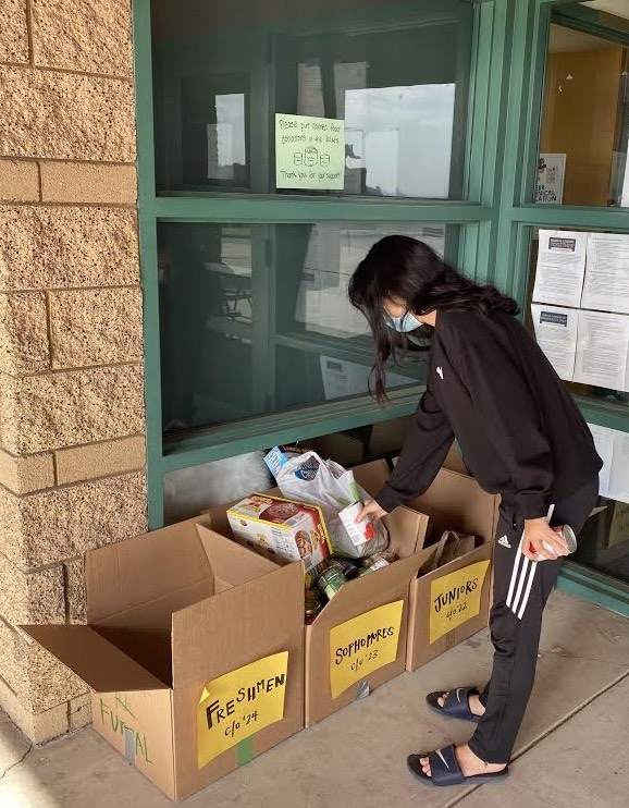 Claire Seo, sophomore, donates cans to her designated class box in front of the BOHS office. The sophomore class collected a total of 1,500 cans, the most out of all the classes.