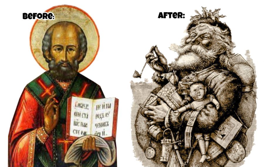 Over the years, the story of the third centurys Saint Nicholas of Myra (left), has evolved into the more familiar image of the gift-toting, big-bellied Santa Claus (right). 