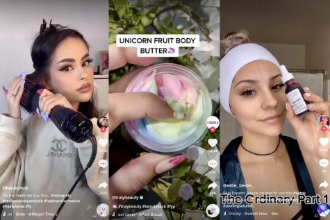 Tik Tok users showcase three trending beauty products: Revlon One-Step Volumizer Hair Dryer, Unicorn Fruit Whipped Body Butter, and The Ordinary AHA 30% + BHA 2% Peeling Solution.
