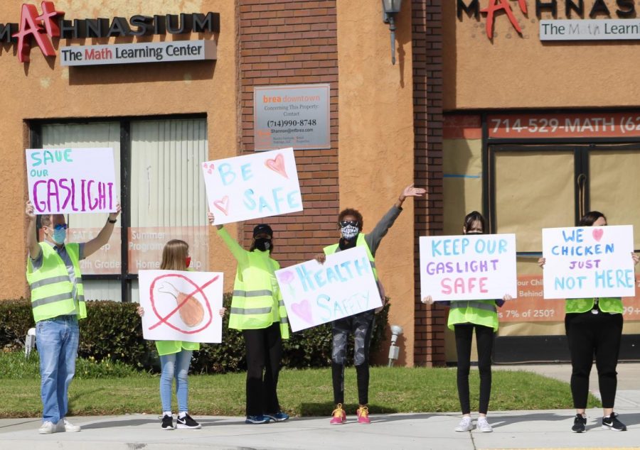 Secure Gaslight Neighborhood, including Brea residents, Laurel parents, students, hold a demonstration against the construction of a Raising Canes across from Laurel Elementary. The demonstration was for two hours in Brea Downtown on Feb. 13.