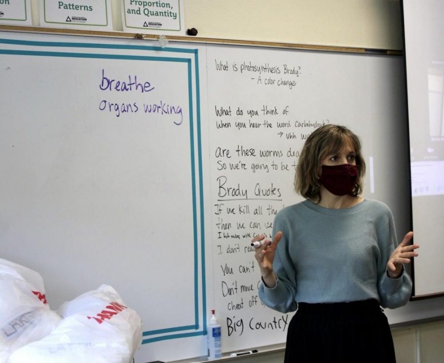 Shelley Weiseth, science teacher, lectures on the COVID-19 virus. Weiseth created the pandemic-themed unit to educate her students about current events. 