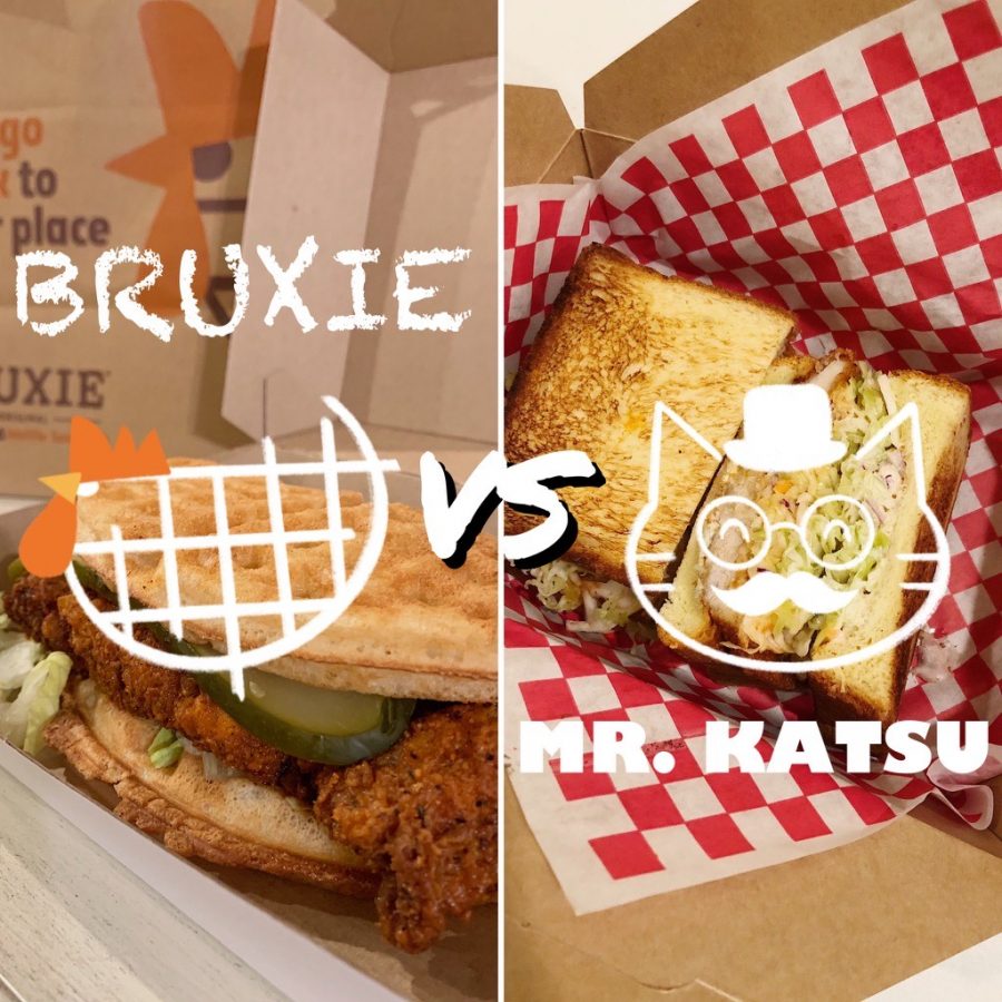 A+spicy+battle+between+Bruxie%E2%80%99s+Kickin%E2%80%99+%E2%80%9CNashville%E2%80%9D+Hot+Waffle+sandwich+and+Mr.+Katsu%E2%80%99s+Blue+Cheese+Buffalo+sandwich.+Two+Wildcat+staff+members+compare+spicy+sandwiches+from+local+restaurants+to+decide+which+spicy+sandwich+is+best.+