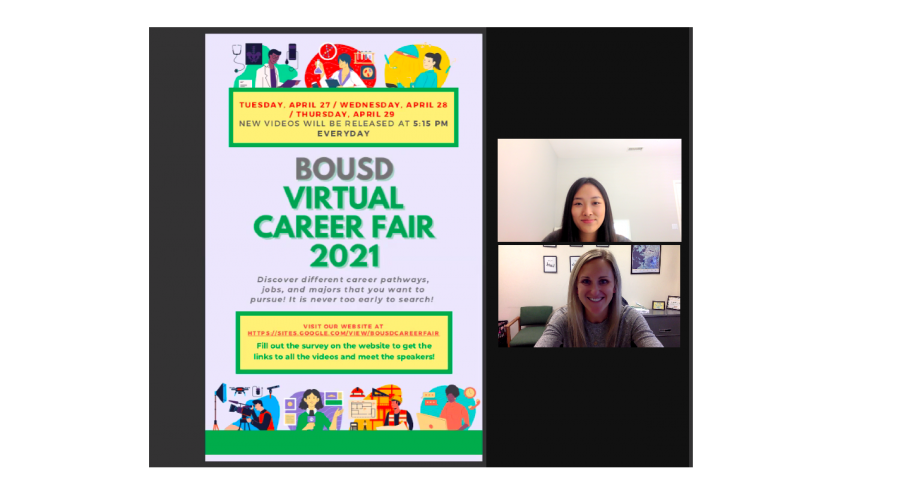 Doyon Kim, sophomore, and counselor Megan Jansen go over the BOUSD Virtual Career Fair flyer and prepare for the upcoming event. Kim and Jansen met often through Zoom to plan and discuss the content and organization of the event.