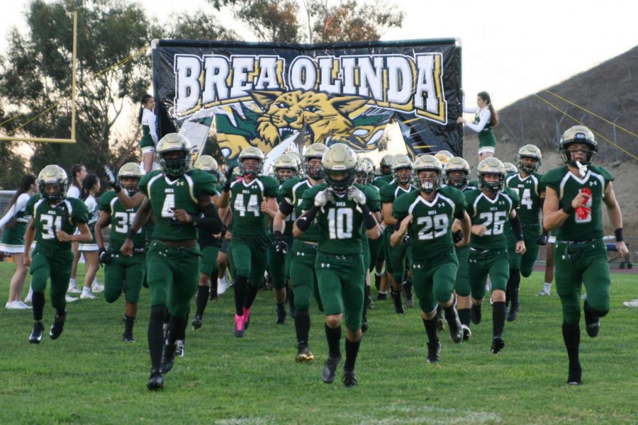 Varsity football takes the field before the game against Sunny Hills High School. The Wildcats won the back-and-forth game against the Lancers, 40-37, on senior Andrew Rubios go-ahead touchdown run in the final 25 seconds of the game.