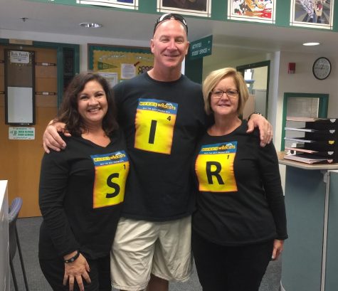 BOHS staff members Mirna Graciarena, Mike Baker, and Donna Prince wear Words With Friends-themed t-shirts in 2016 as part of a staff-wide Halloween tradition organized by Kara Dietz, Skills For Success teacher, and Franco Ciccarelo, Digital Design teacher. 