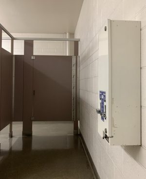 Empty dispensers line the walls of girls bathrooms on campus. The Menstrual Equity Act will require free menstrual products in all California 6th-12th grade public schools, California state universities, and community college bathrooms (all girls bathrooms in the 2022-23 school year.