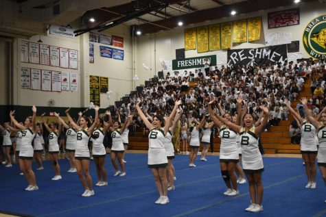 BOHS cheer performs their opening routine at the fall rally on Aug. 19 in the Main Gym. This fall rally was the first one indoors in three years, and it consisted of sports team showcases, homecoming announcements, and collaborative class-oriented games. 