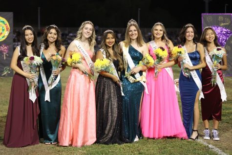 The Homecoming princesses are, from left to right, Sophie Ho, sophomore, Laci Armenta, junior, Anjin Teal, senior, Ashley Ochoa, senior, Maren Handel, senior, Briana Edmonds, senior, Kahlai Cruser, senior, and Claire Yoo, freshman. At the Homecoming varsity football game on Sept. 23, the Homecoming princesses walked out onto the field with an escort, and Handel was announced as this years Homecoming queen.