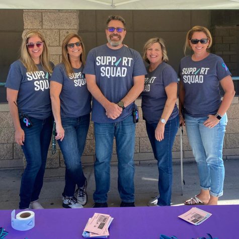 BOHS counselors, from left to right, Jennifer Cormier, Kim Kessel, Robert Stelmar, Nancy Bakunas, and Elizabeth McDonald wear Support Squad shirts on campus. Counselors and faculty at BOHS are primary resources for students to discuss topics about mental health.
