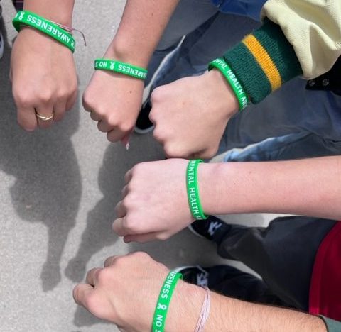 Students wear 'No Stress Mental Health Awareness' wristbands to promote the destigmatization of mental health discussion. The wristbands were distributed to students who participated in mental health awareness activities at the quad during the week of May 15.