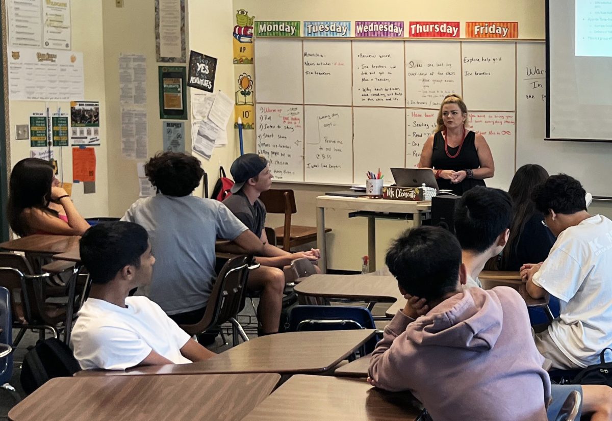 Verronica Clements, AP Seminar teacher, introduces the sections of the  exam to her fourth period AP Seminar class on Aug. 17.  The course grew from just one section in 2022-2023, to five this year. 