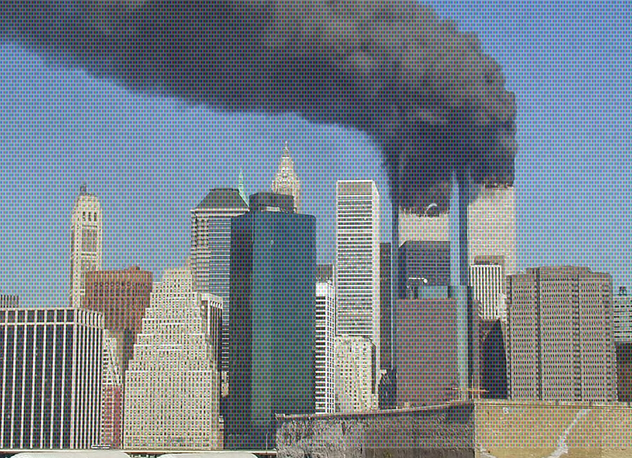 The Manhattan skyline before the World Trade Center Towers fell on Sept. 11, 2001. Images of the terrorist attack were broadcast live around the world. (9/11 WC 32 by Michael Foran is licensed by CC BY-NC-SA 4.0 / filter added)