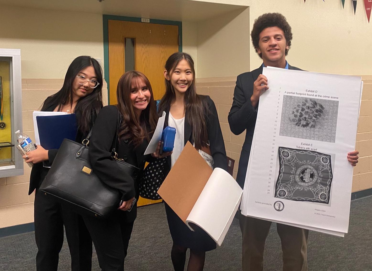 Mock Trials Kaylie Choi and Kaitlyn Pulido, seniors, and juniors Lauren Ko and Yousef Alsadek, prior to their Nov. 2 tournament at the Central Justice Center in Santa Ana.