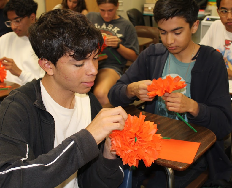 Gabriel Linares, sophomore, crafts a paper cempasúchil “marigold” flower during Spanish 3 class. Maria Barcelona, Spanish teacher, emphasizes the importance of Día de los Muertos through classroom activities related to the holiday.

