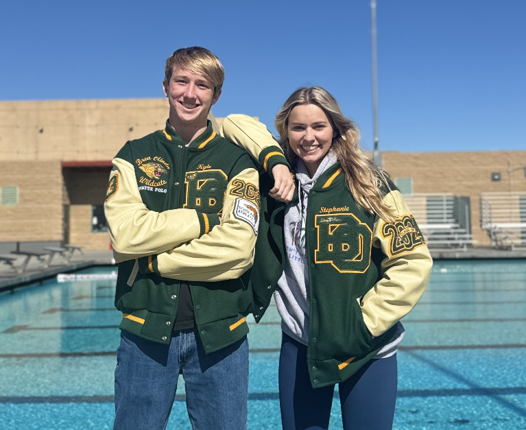 Kyle+and+Stephanie+Franks+at+the+BOHS+pool+deck.+The+sibling+swimmers+are+part+of+an+aquatic+legacy+started+by+older+brother+Daniel%2C+a+2022+BOHS+graduate+who+currently+competes+for+Chapman+University.+