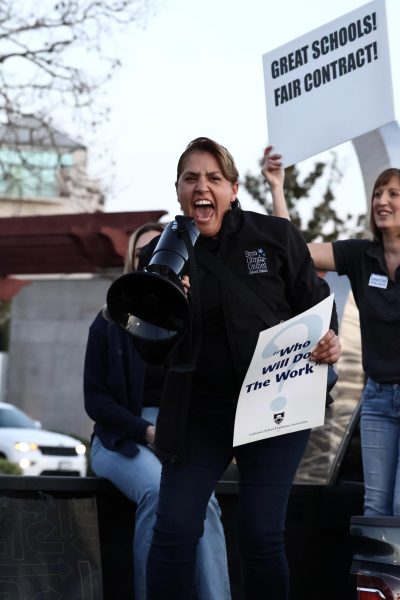 Hilda Armas of CSEA Chapter 207, rallies a gathering of BOUSD teachers, staff, and supporters on Feb. 22. The districts certificated and classified staff are protesting for a salary increase.   