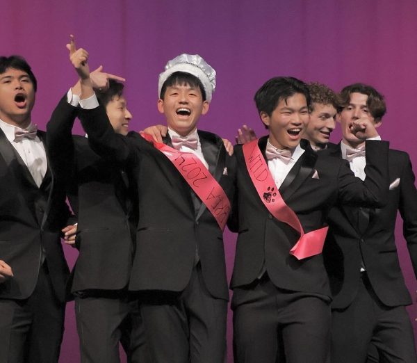 Mr. Brea Winner Alexander Chao and Most Wild winner Beakman Chen celebrate at the conclusion of the annual Mr. Brea completion on Feb. 3. The longtime BOHS tradition featured singing, dancing, and talents by nine Wildcat seniors and two BOHS staff members.