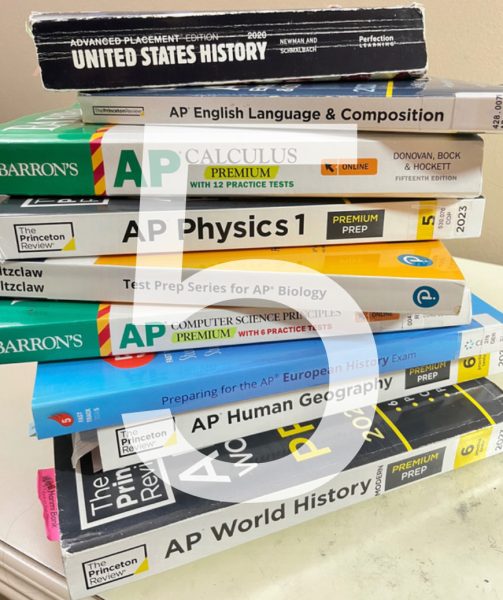 A familiar sight to many BOHS students this month: a stack of AP study guides for the upcoming May exams.