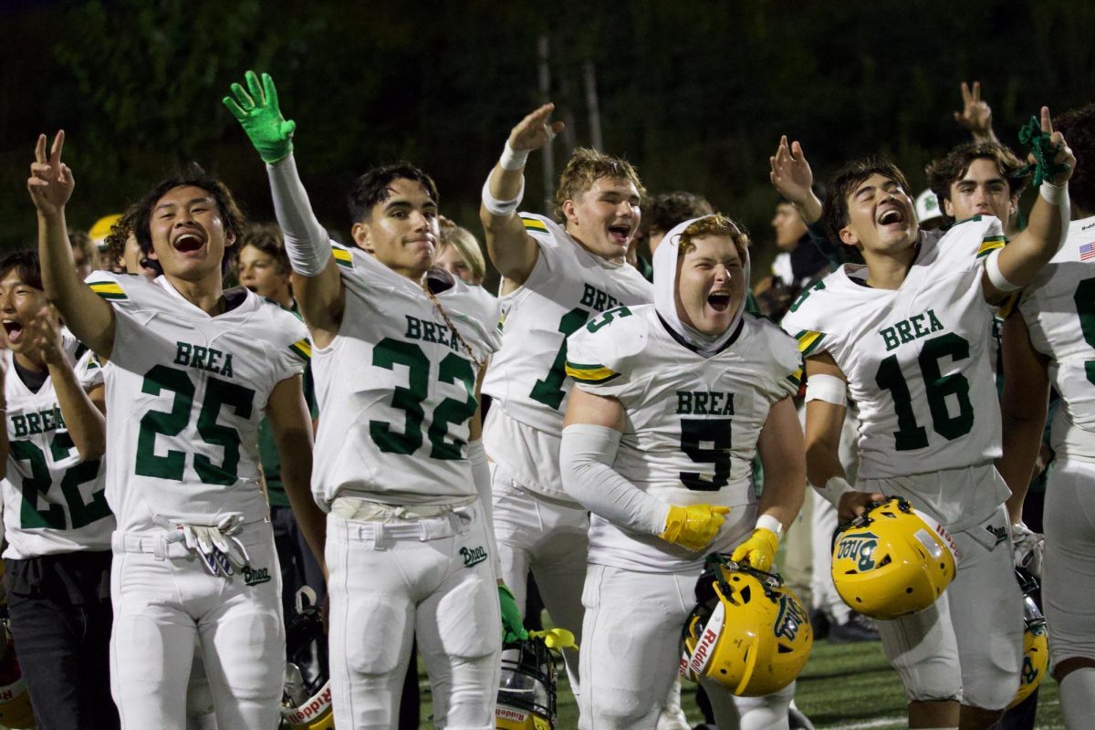 Wildcat varsity football players celebrate their season-opening win against the Sonora Raiders on Aug. 23 at La Habra High School. 