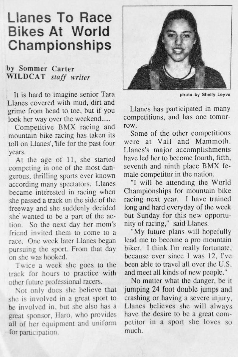 An article from a 1994 issue of the Wildcat in which Llanes discusses her BMX racing successes and mountain bike-riding dreams.  