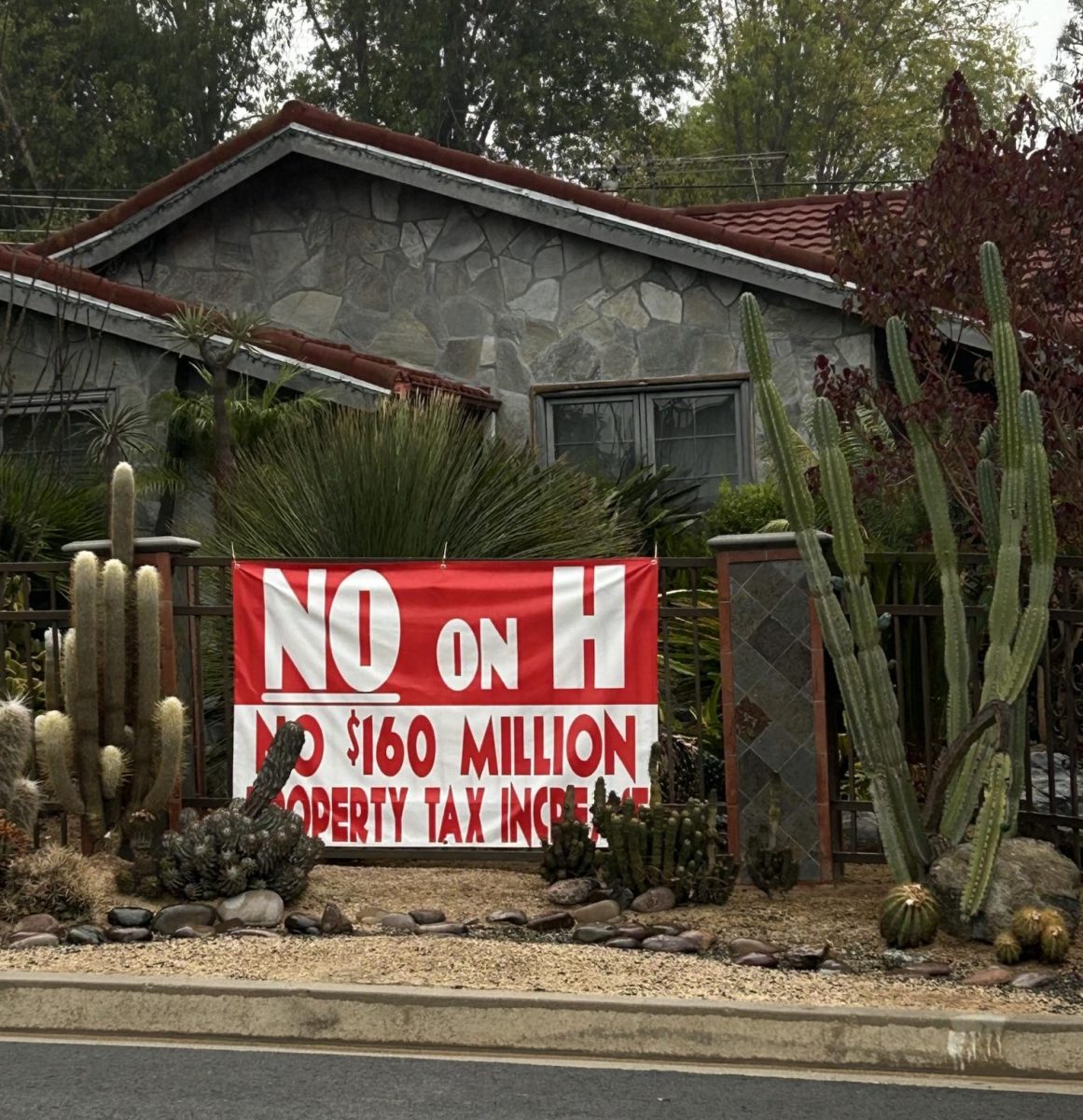 A "No on H" sign at a home in Brea. Opponents of Measure H are concerned about increased property taxes for Brea home owners.