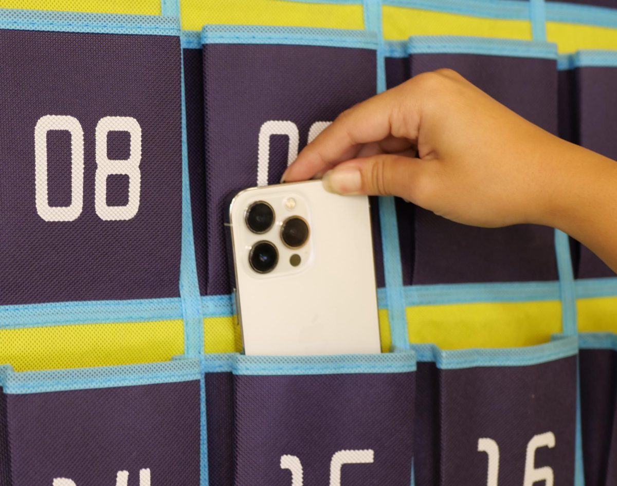 A phone cubby on a BOHS teacher's wall. At the beginning of each period, students are required to place their phones in the colorful holder. The result of this classroom management tool: a more attentive, less distracted classroom. 