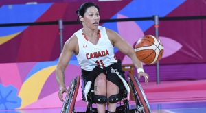 Tara Llanes ('95) during a Team Canada wheelchair basketball game at the Parapan Am Games in Lima, Peru, in 2019. The former Ladycat is currently competing in the 2024 Paris Paralympics, which runs from Aug. 28 to Sept. 8.