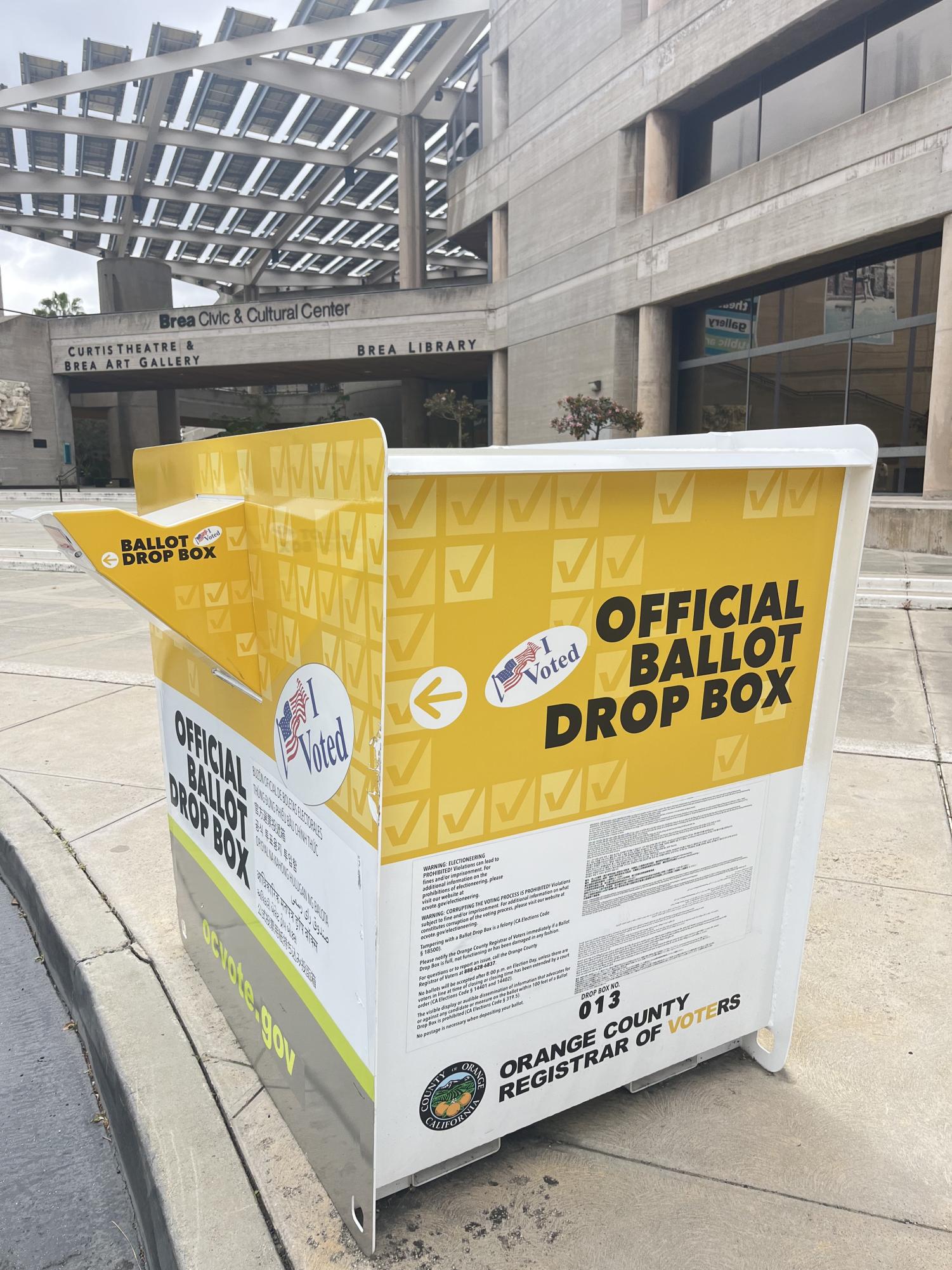 A voting drop-box in front of the Brea Civic Center. 