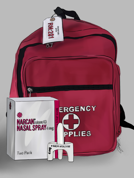 The ubiquitous red disaster preparedness bag located in every teacher's classroom. While the bag includes many objects for earthquake and lockdown events, it does not include the essential life-saving medicine naloxone.