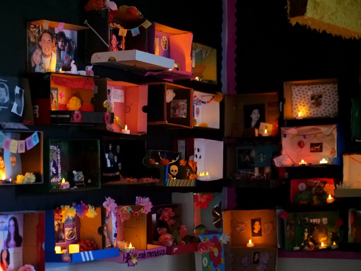 Student-made ofrendas adorn Spanish teacher Omar Barceñas's classroom wall. Día de los Muertos, or Day of the Dead, begins at midnight on Nov. 1