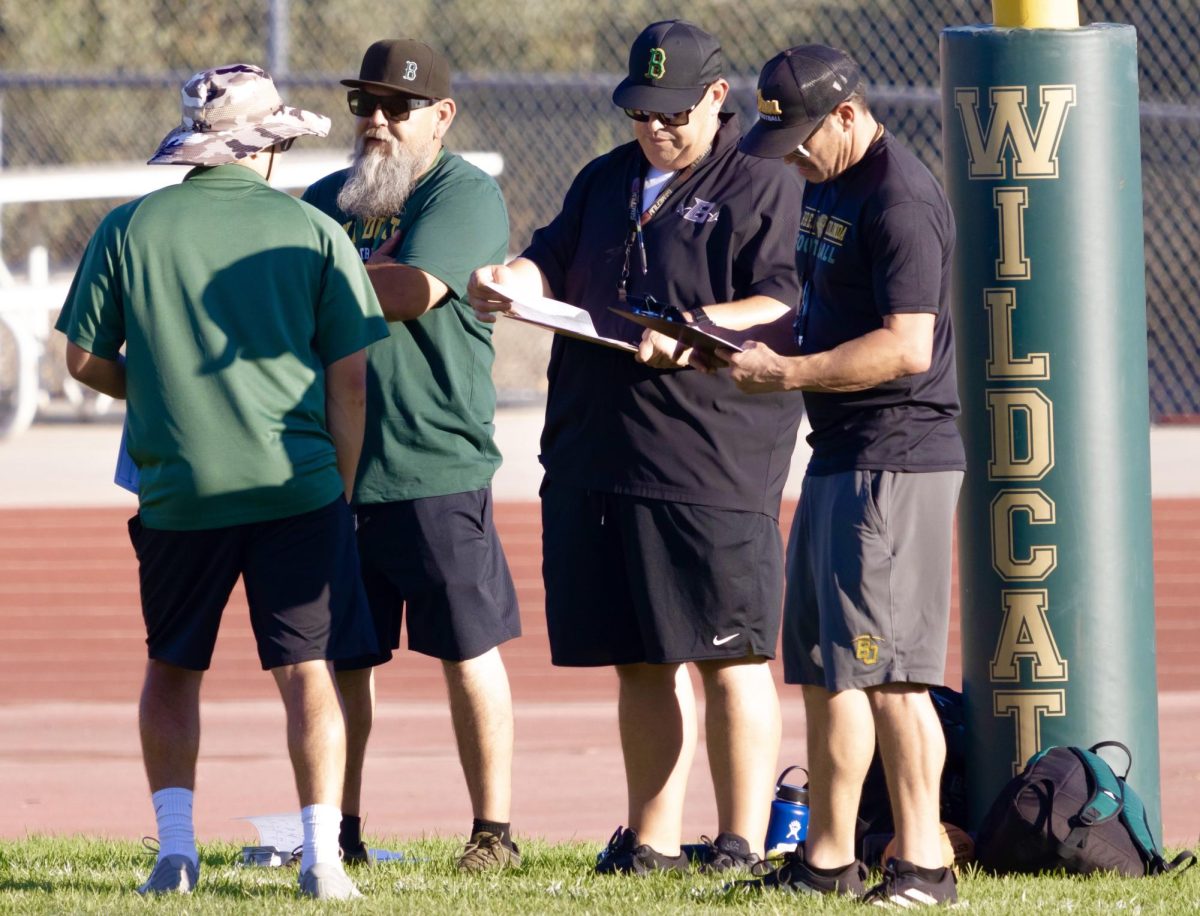 Luevanos, second from left, with members of the WIldcat varsity coaching staff on Aug. 13. Luevanos was the head coach of the Pop Warner team that won the Orange Bowl in 2019 and has been coaching members of the current Wildcat football team since they were seven. Villasenor, far right, played for his father, Raul Villasenor, on La Mirada's Pop Warner teams.