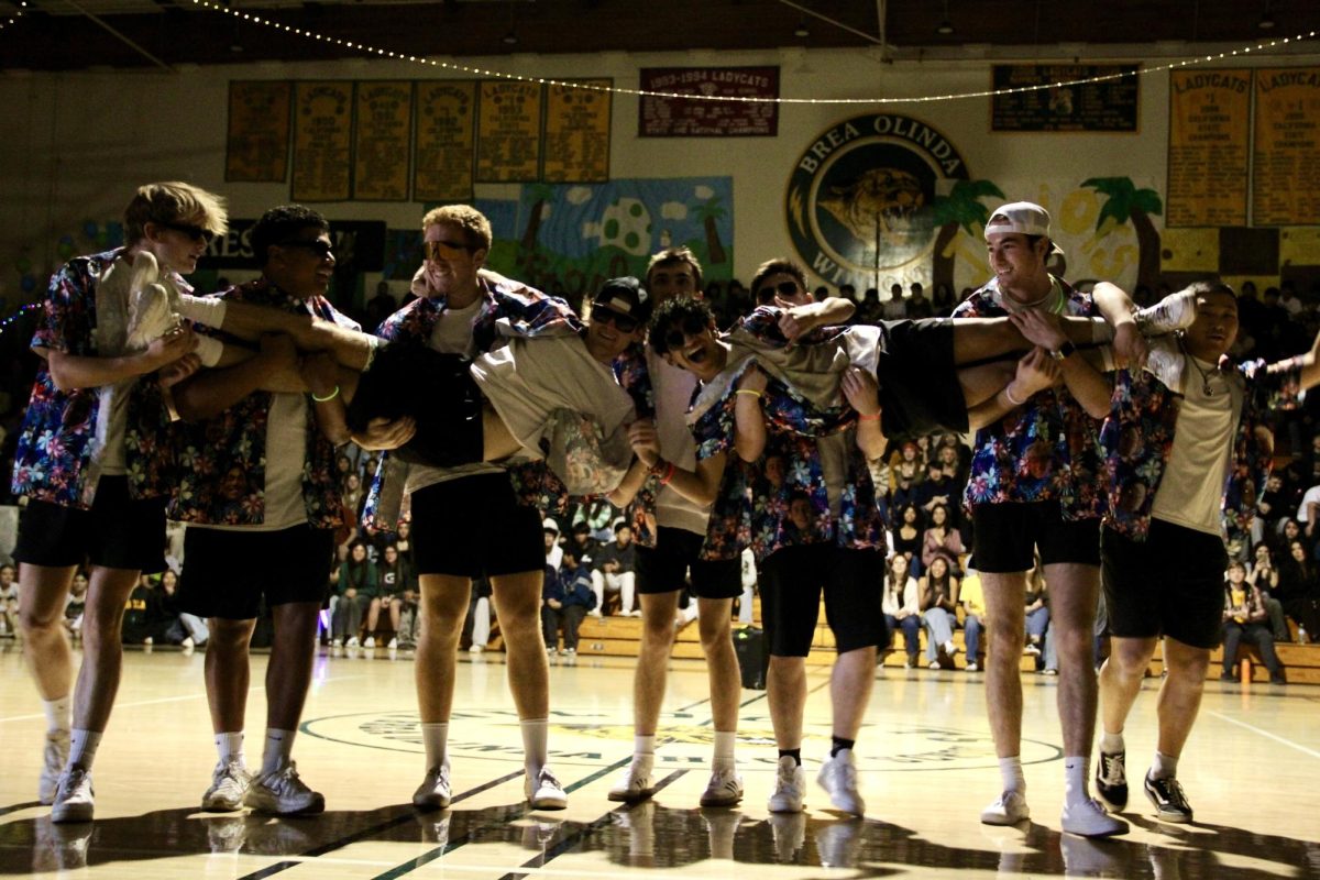 Mr. Brea candidates perform a dance to promote their Jan. 23 show. 