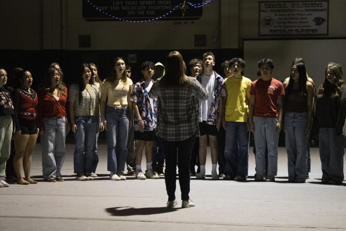 Choir director Molly Gooch leads Masquerade in a performance of the "National Anthem" to open the winter rally.