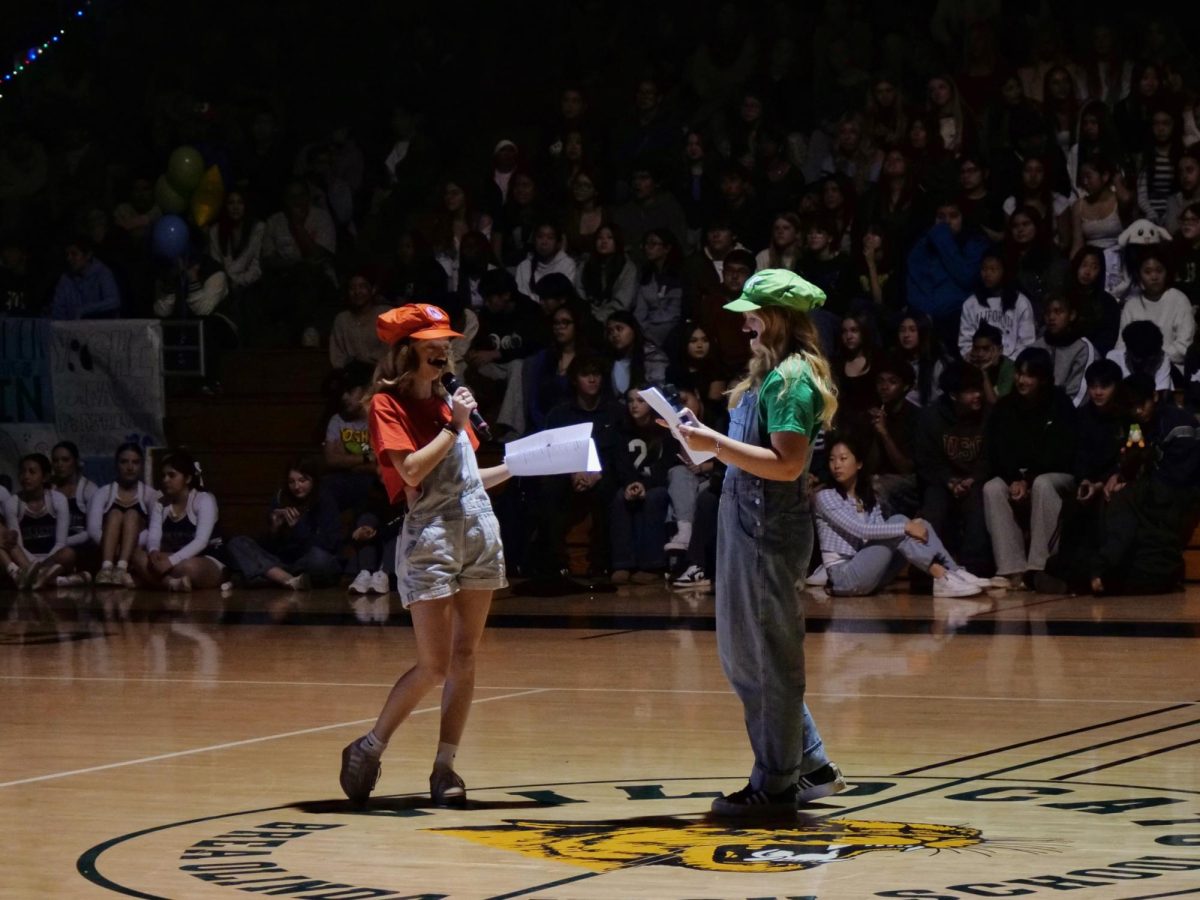 Brielle Denbo ('25) as Mario and Danica Coburn ('25) as Luigi emcee the Mario Kart-themed winter rally.