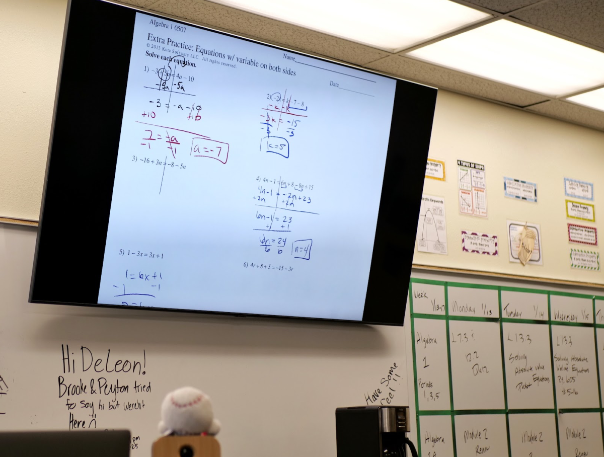 A new 85-inch Samsung smart TV in math teacher Anthony DeLeon's classroom. The TV is one of 47 that will be installed by mid-February, replacing aging projectors and pull-down screens. 