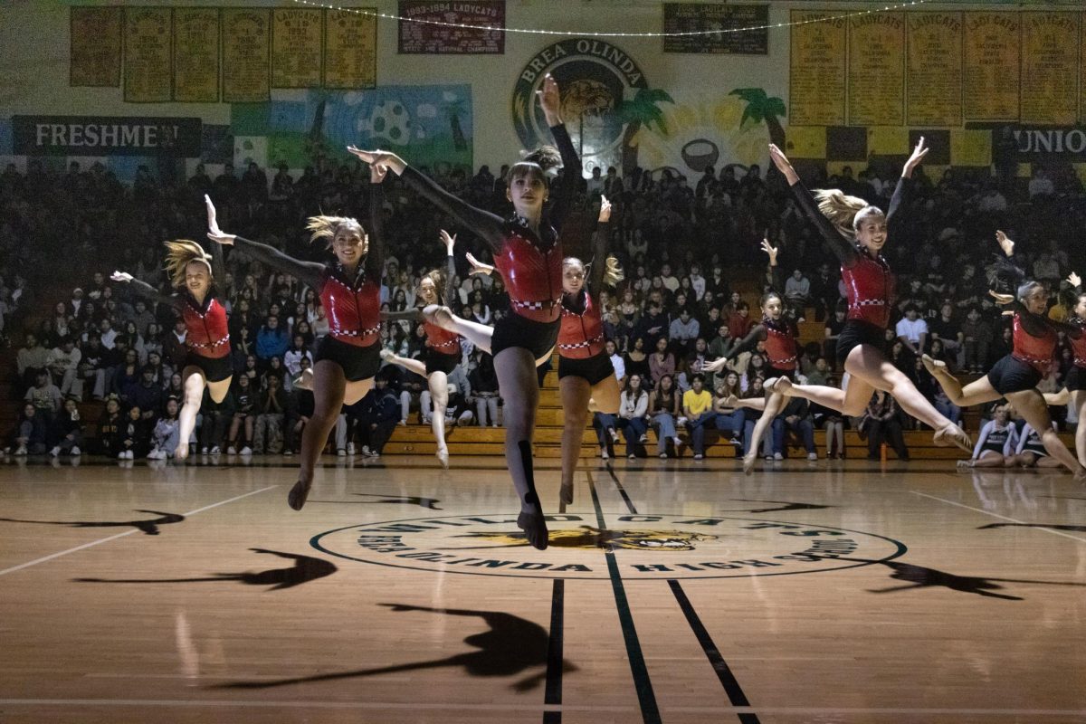 Dance Production performs a high-energy routine for the student body at the winter rally.