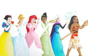 Disney princesses Snow White, Cinderella, Ariel, Tiana, Elsa, and Moana. In the past 16 years, Disney princesses have become more reflective of a young audience who craves independence and empowerment versus saving from a male suitor. 