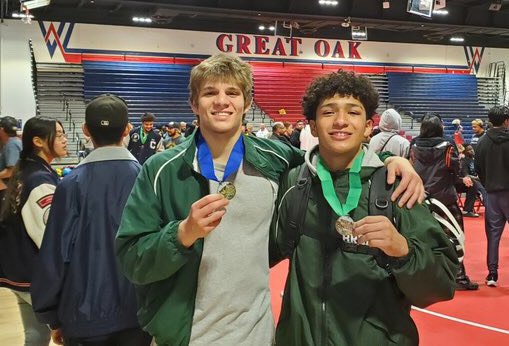 Bradley Espinoza ('26) and Josiah Moreira ('26) at CIF Boys' Individual Championships at Great Oak High School Feb. 15. The North Hills League champion wrestlers compete at the Masters Wrestling Meet Feb. 22 at Sonora High School. (Courtesy of Victoria Espinoza)
