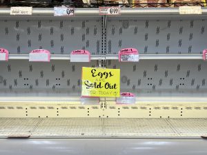 Empty egg shelves at the Imperial Highway Trader Joe's. The nationwide egg shortage is due to avian influenza, more commonly known as the "bird flu."