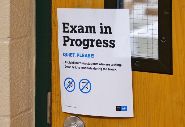 Signage at the north building's textbook room testing location. An internet outage affecting all of BOUSD led to the postponement of eight AP exams, impacting approximately 300 test-takers.  