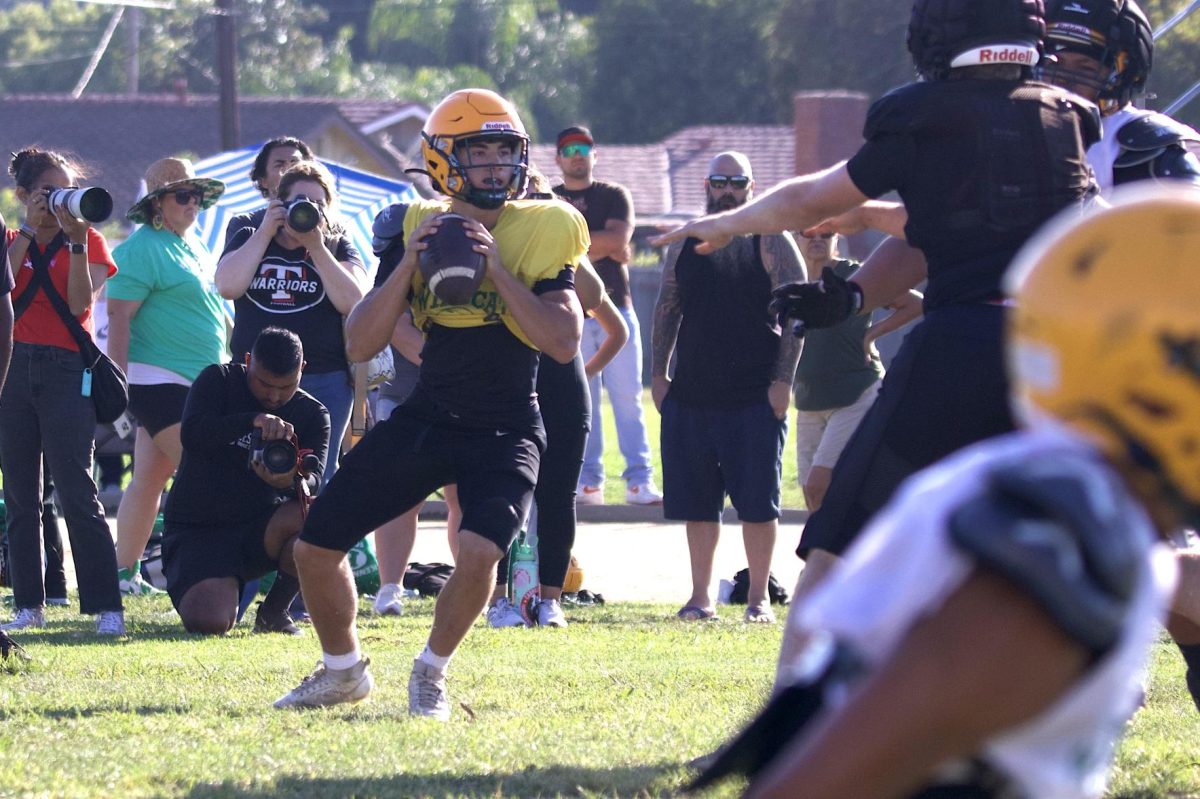 Quarterback Gavyn Nicholson ('27) looks downfield for an open receiver during varsity football's scrimmage against Troy High School Aug. 15. Nicholson starts his first game under center Aug. 22 when the Wildcats host cross-town rival Sonora High School.