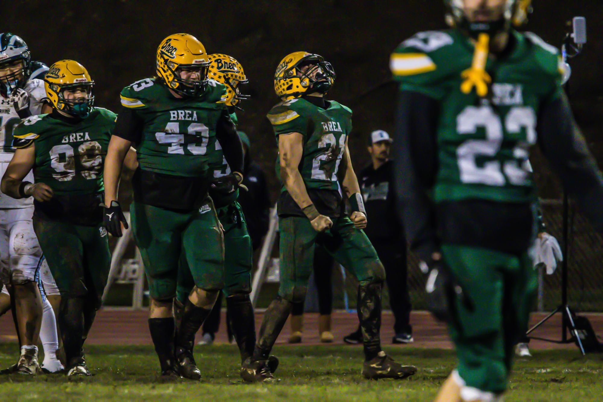 Nolan Santana ('27) reacts after his sack of the Irvine quarterback during the Wildcats' 28-12 win over the visiting Vaqueros in the CIF-Southern Section Division 8 semifinals. 