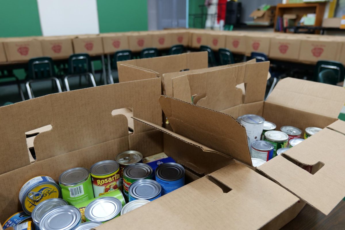Boxes of canned food in the ASB room, awaiting pickup by Brea's Canning Hunger non-profit. Over 2000 cans were collected in teacher classrooms during the 16 day event.