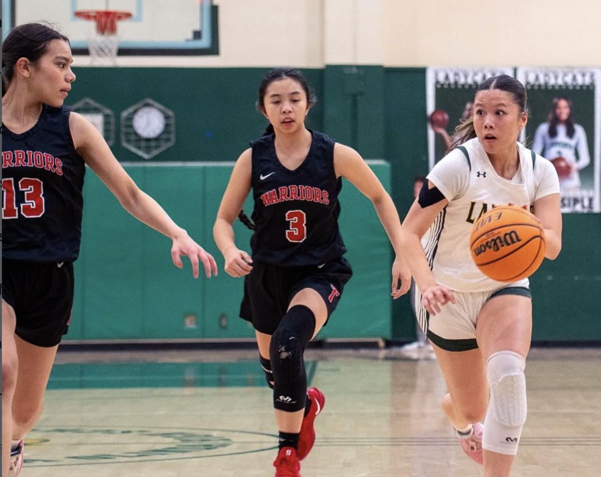 Sarah Wang (‘25) dribbles up court against Troy High School in the Wildcat gym, Nov. 24. Wang led all scorers with 14 points in the 39-35 win.